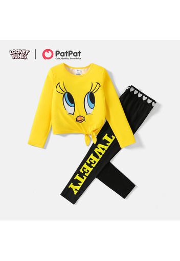 Looney Tunes 2pcs Kid Girl Character Print Tie Knot Long-sleeve Tee and Letter Print Leggings Set