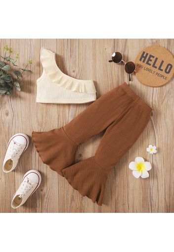 Ribbed 2pcs Solid One Shoulder Sleeveless Brown Baby Set