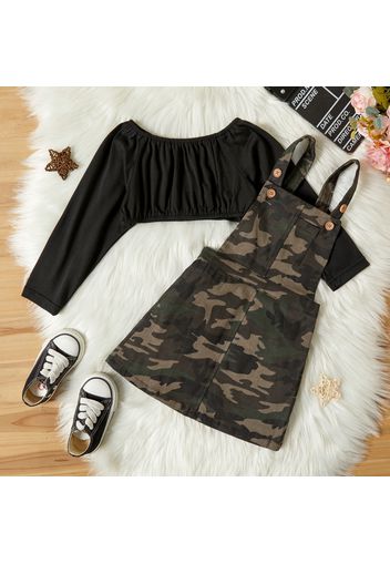 2-piece Toddler Girl Off Shoulder Leopard Print/Black Long-sleeve Top and Black/Camouflage Overall Dress Set