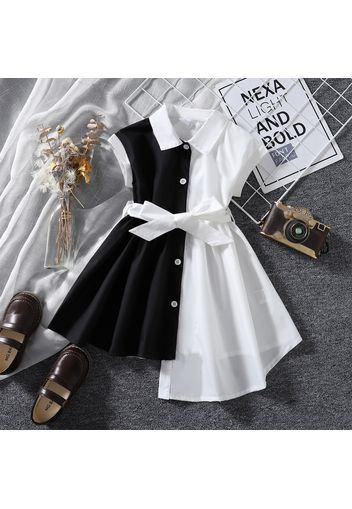 Toddler Girl Lapel Collar Button Design Irregular Hem Black & White Splice Short-sleeve Dress