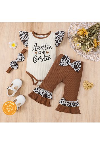 3pcs Baby Girl 95% Cotton Rib Knit Spliced Leopard Flutter-sleeve Letter Embroidered Romper and Ruffle Flared Pants with Headband Set