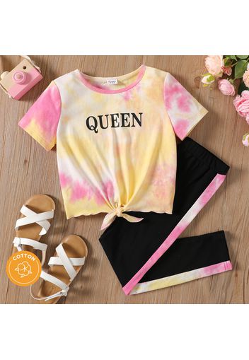 2pcs Kid Girl Letter Print Tie Dyed Tie Knot Short-sleeve Cotton Tee and Colorblock Pants Set