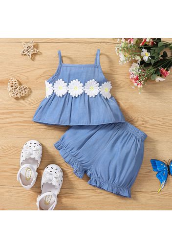 2pcs Baby Girl 3D Daisy Applique Design Blue Imitation Denim Spaghetti Strap Top and Shorts Set