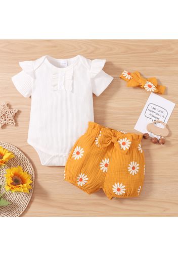 3pcs Baby Girl Solid Ribbed Short-sleeve Ruffle Romper and 100% Crepe Daisy Floral Print Bowknot Shorts with Headband Set