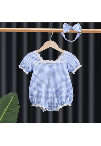 2pcs Baby Girl Blue Gingham Lace Puff-sleeve Button Front Romper with Headband Set