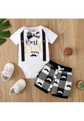 2pcs Baby Boy Cotton Short-sleeve Letter Print Gentleman Bow Tie Romper and Mustache Print Plaid Shorts Set