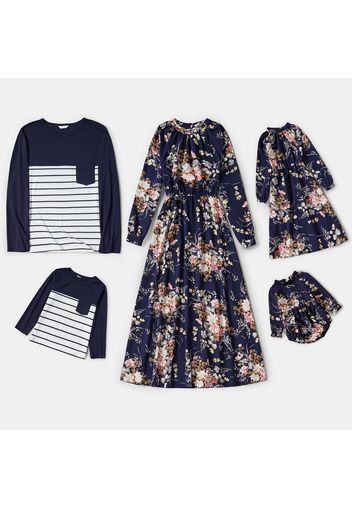 Family Matching Allover Floral Print Long-sleeve Dresses and Contrast Stripe Tops Sets