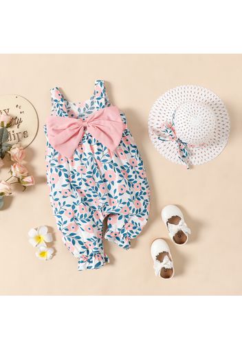 2pcs Baby Girl All Over Floral Print Sleeveless Bowknot Jumpsuit with Hat Set