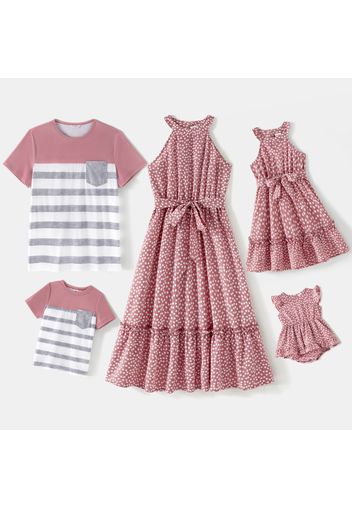 Family Matching Allover Dots Pink Halter Sleeveless Dresses and Striped Spliced Short-sleeve T-shirts Sets