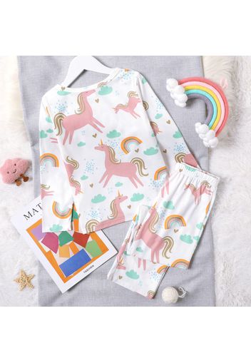 2-piece Kid Girl Golden Unicorn/Rainbow Print Long-sleeve Tee and Polka dots/Unicorn Print Pants Set