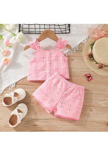 2pcs Baby Girl Pink Eyelet Embroidered Textured Tank Top and Shorts Set