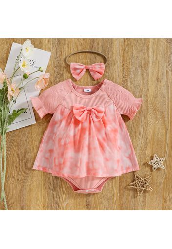 2pcs Baby Girl Pink Ribbed Short-sleeve Tie Dye Bowknot Romper with Headband Set