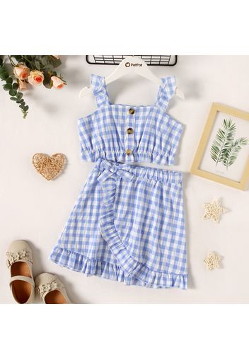 2-piece Kid Girl Plaid Ruffled Button Design Camisole and Bowknot Design Wrap Skirt Set