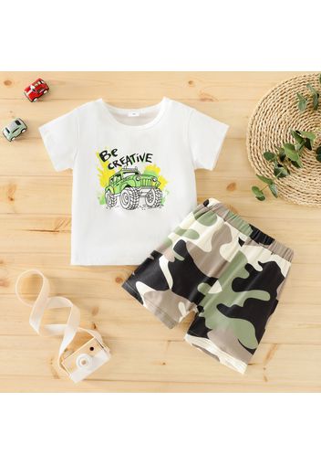 2pcs Toddler Boy Playful Letter Vehicle Print Tee & Camouflage Print Shorts Set