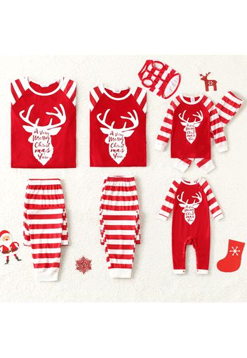 Christmas Reindeer and Letter Print Red Family Matching Raglan Long-sleeve Striped Pajamas Sets