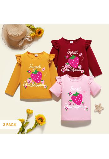 3-Pack Toddler Girl Graphic Strawberry and Letter Print Ruffled Tee Set