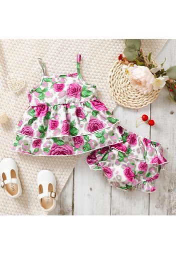 2pcs Baby Girl All Over Rose Floral Print Spaghetti Strap Layered Ruffle Top and Shorts Set