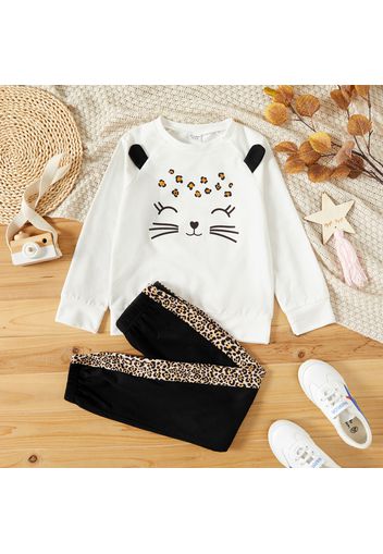 2-piece Kid Girl Cat Print Ear Design White Pullover Sweatshirt and Leopard Print Pants Set