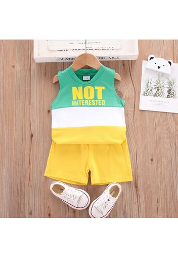 100% Cotton 2pcs Baby Boy Letter Print Colorblock Tank Top and Solid Shorts Set