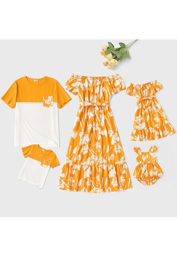 Family Matching All Over Floral Print Yellow Off Shoulder Puff Sleeve Dresses and Colorblock Short-sleeve T-shirts Sets