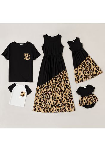 Leopard Splicing Black Family Matching Sets(Tank Midi Dresses and Short-sleeve T-shirts)