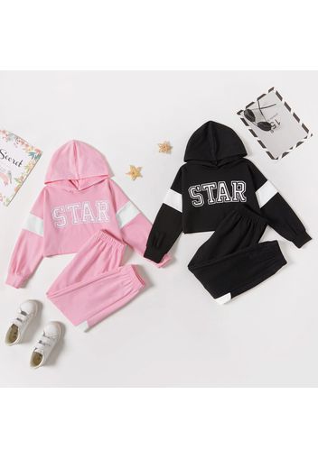 2-piece Kid Girl Letter Print Colorblock Hoodie Sweatshirt and Colorblock Pants Set