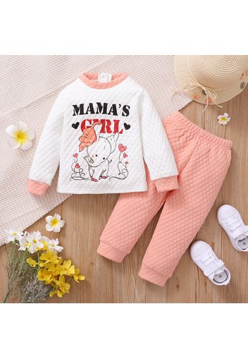 2-piece Toddler Girl Letter Elephant Print Textured Sweatshirt and Pink Pants Set