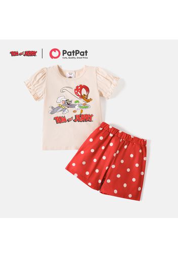 Tom and Jerry 2pcs Toddler Girl Letter Print Short-sleeve Cotton Tee and Polka dots Shorts Set