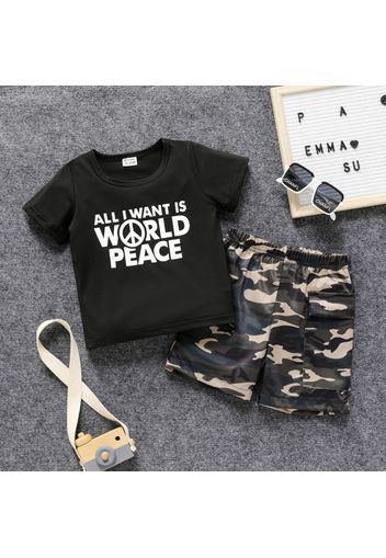 2pcs Toddler Boy Casual Letter Print Tee and Camouflage Print Shorts Set