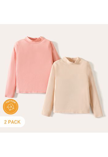 2-Pack Kid Girl 100% Cotton Solid Color Mock Neck Long-sleeve Ribbed Tee