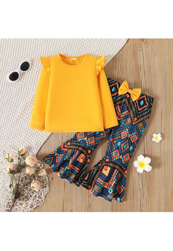 2pcs Toddler Girl Ruffled Long-sleeve Yellow Tee and Boho Exotic Bowknot Design Flared Pants Set