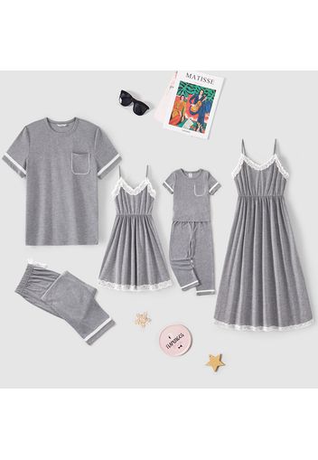 Family Matching Grey Spaghetti Strap Lace Nightgown and Short-sleeve Pajamas Sets (Flame Resistant)