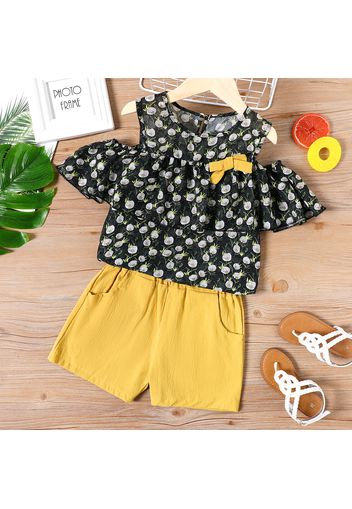 2-piece Kid Girl Floral Print Cold Shoulder Bowknot Design Chiffon Tee and Elasticized Shorts Set