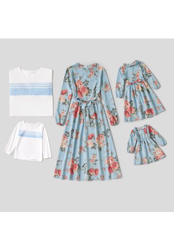 Floral Print Long-sleeve Family Matching Sets（ Frilly Neck Belted Midi Dresses and Striped T-shirts）