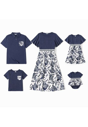 Family Matching Solid Ruffle Short-sleeve Splicing Plant Print Dresses and Polo Shirts Sets