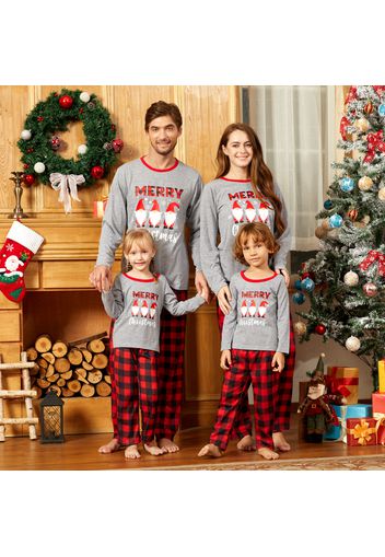 Christmas Gnome and Letter Print Grey Family Matching Long-sleeve Plaid Pajamas Sets (Flame Resistant)