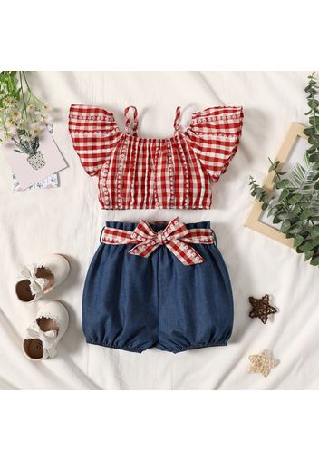 2pcs Baby Girl Plaid Cold Shoulder Spaghetti Strap Short-sleeve Top and Belted Imitation Denim Shorts Set