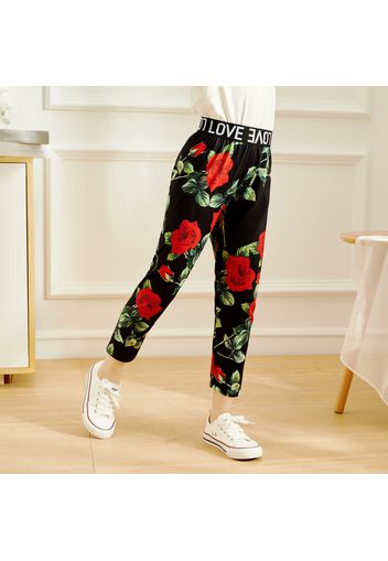 Kid Girl Letter Floral Print Elasticized Leggings