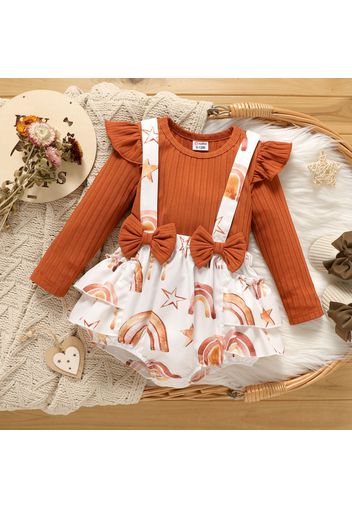 2pcs Baby Girl Solid Rib Knit Long-sleeve Top and Rainbow & Stars Print Layered Ruffle Suspender Skirt Set