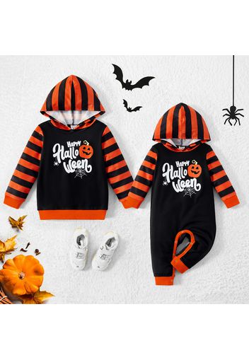 Halloween Pumpkin & Letter Print Spliced Striped Long-sleeve Sibling Matching Set