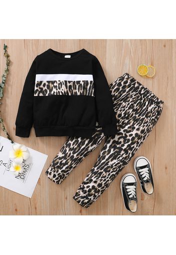 2-piece Toddler Girl Leopard Print Colorblock Pullover and Pants Set