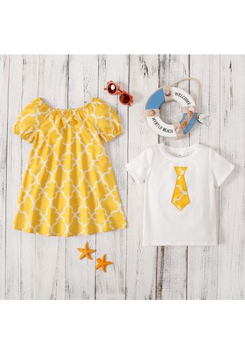 Sibling Matching Geometric Print Short-sleeve Dress and Necktie Embroidered Cotton T-shirt Set