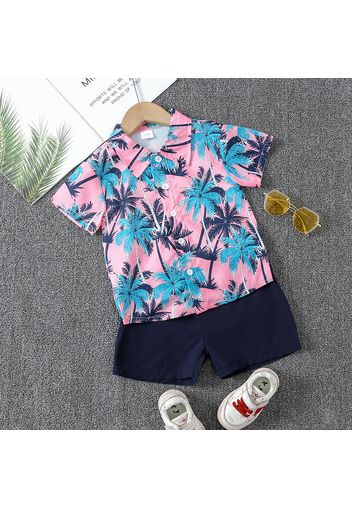 2pcs Toddler Boy Vacation Floral Print Shirt & Quick Dry Shorts Set