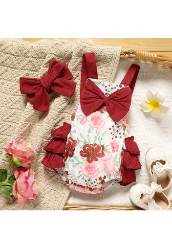 2pcs Baby Girl Bowknot Ruffle Floral Print Romper with Headband Set