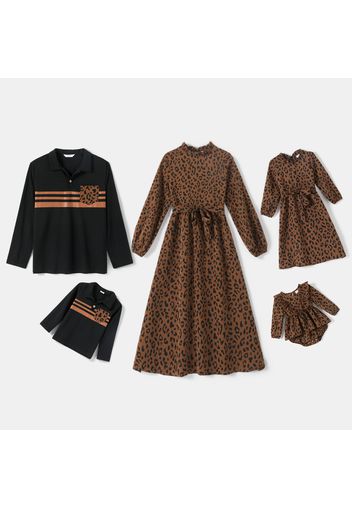 Family Matching Leopard Long-sleeve Midi Dresses and Striped Splicing Polo Shirts Sets