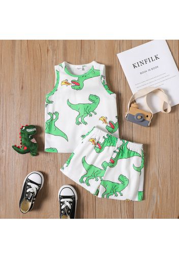 2pcs Toddler Girl Animal Dinosaur Print Waffle Sleeveless Tee and Elasticized Shorts Set