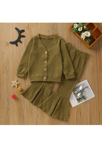 2-piece Toddler Girl Waffle Button Design Solid Color Cardigan and Flared Pants Set