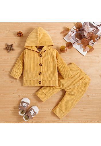 2pcs Baby Boy/Girl Solid Ribbed Button Down Long-sleeve Hoodie and Trousers Set