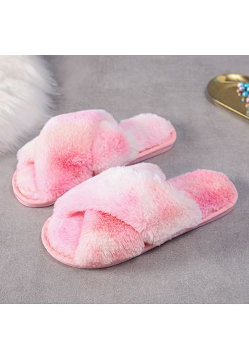 Women's Rainbow Tie-dye Cross Band Soft Plush House Indoor or Outdoor Slippers