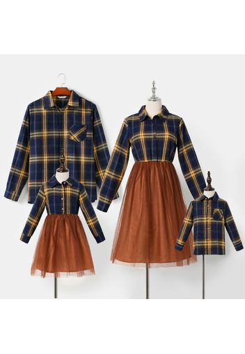 Family Matching Plaid Lapel Long-sleeve Splicing Mesh Dresses and Shirts Sets